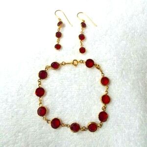 Ruby red and goldtone earring and bracelet set